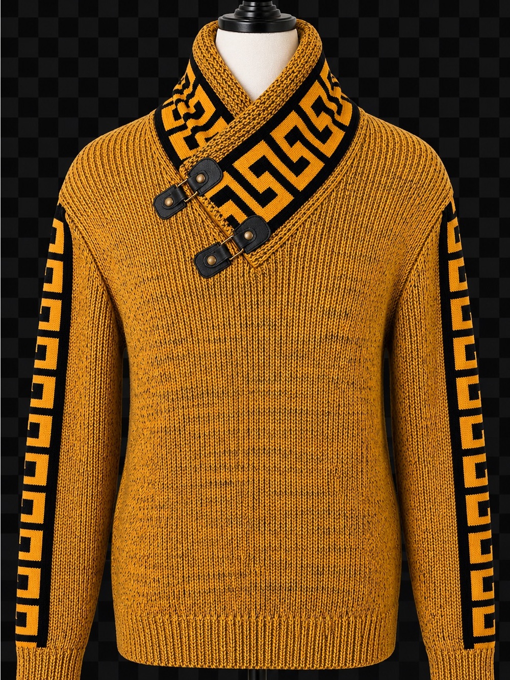 Lecco’s 70% Wool Shawl Collar Toggle Sweater Mustard Black Western Large
